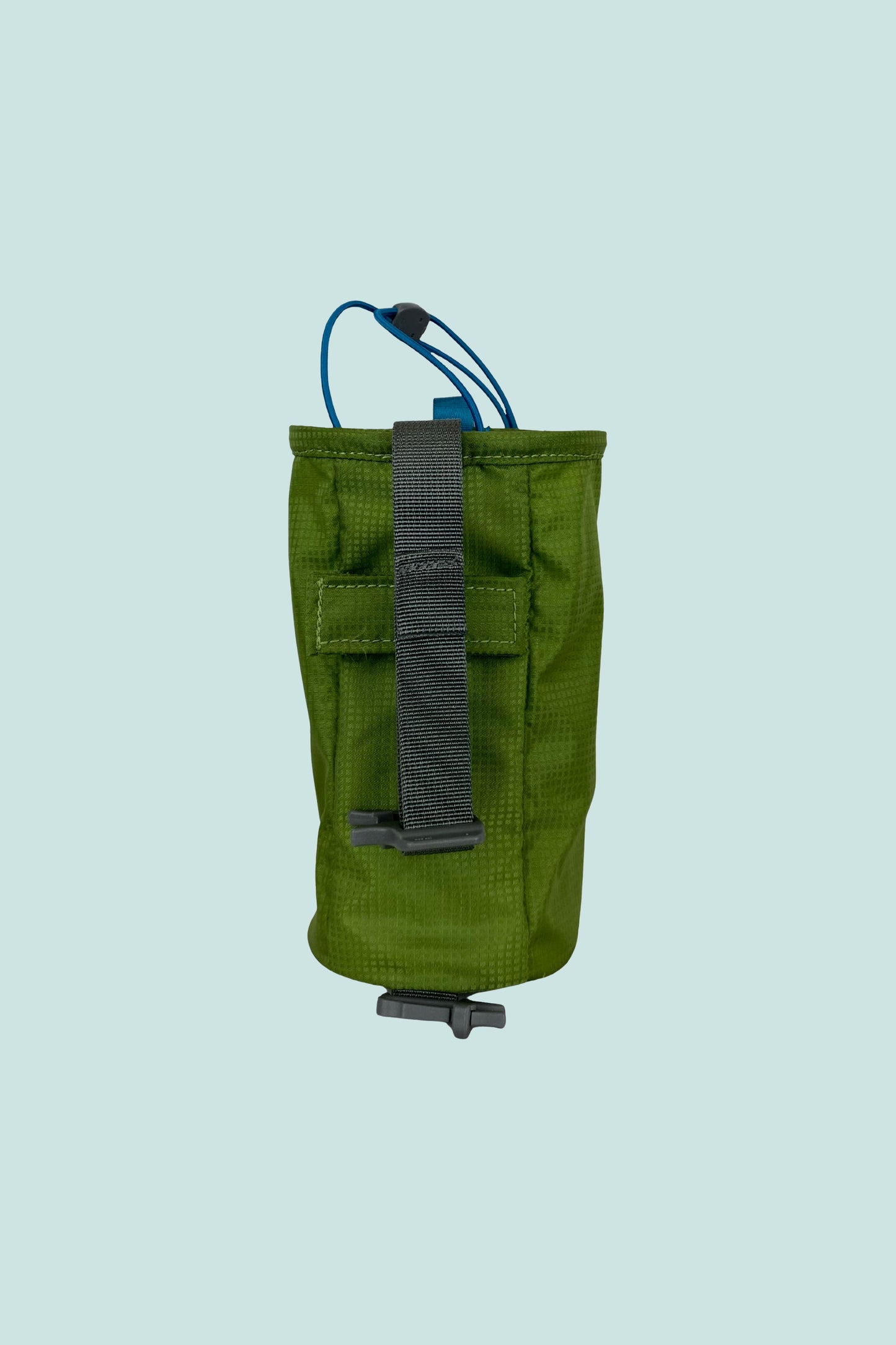 Water Bottle Holder in green with universal fit system for traditional backpack shoulder straps.