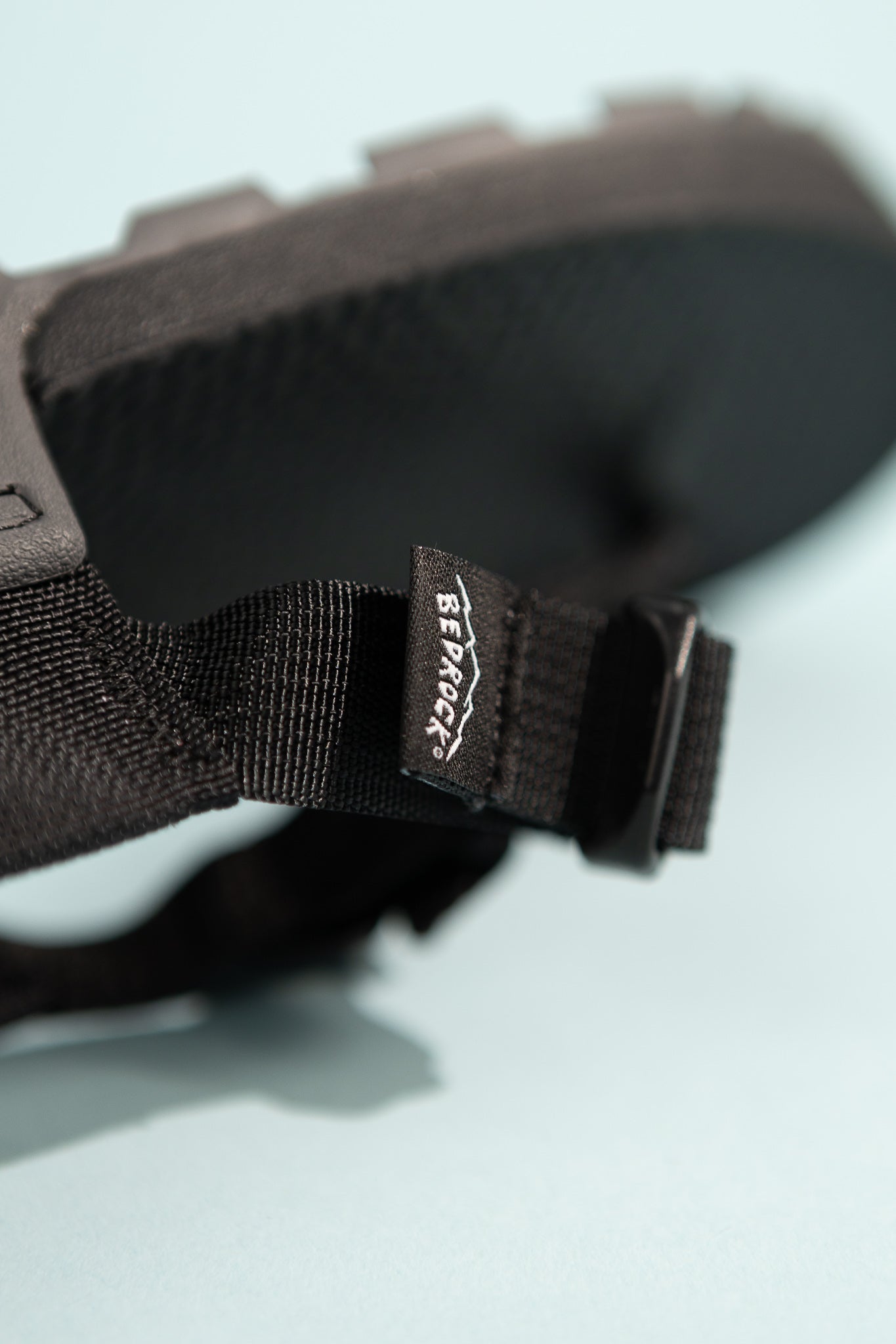 Close-up of Bedrock Sandals Cairn Evo 3D PRO sandal strap and texture in black.