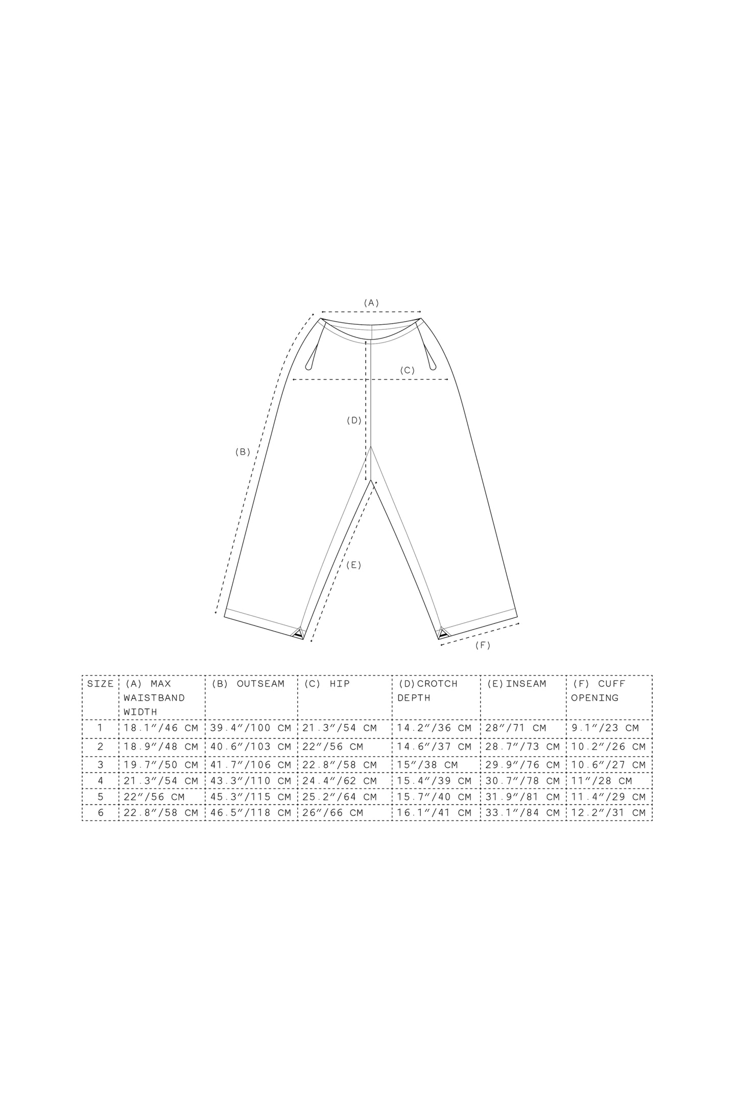 Technical drawing of Breaker Wind Pant design specifications and sizing chart.