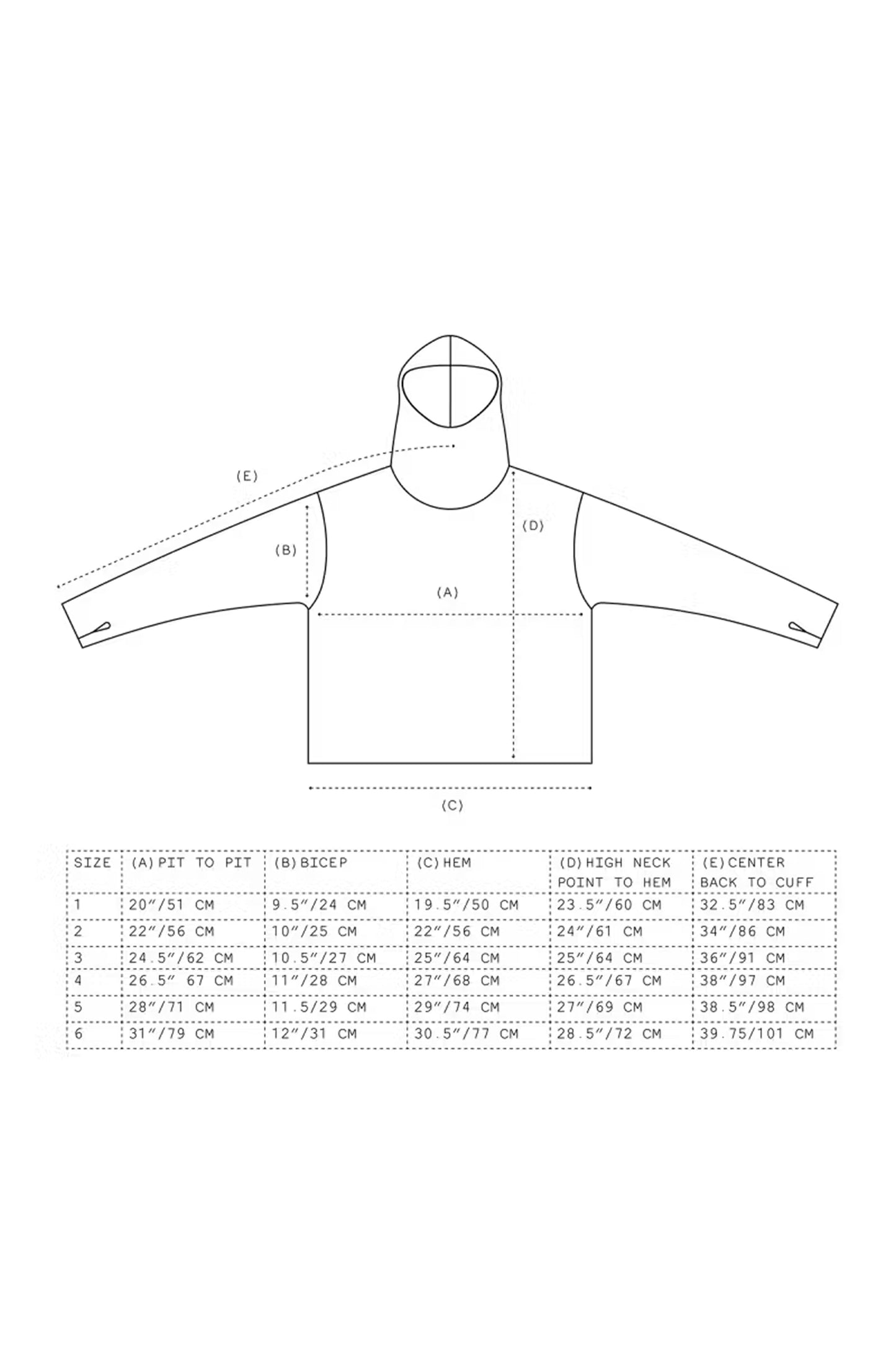 Technical dimensions diagram for Shag Hoodie v2.0 with measurements and fit information.