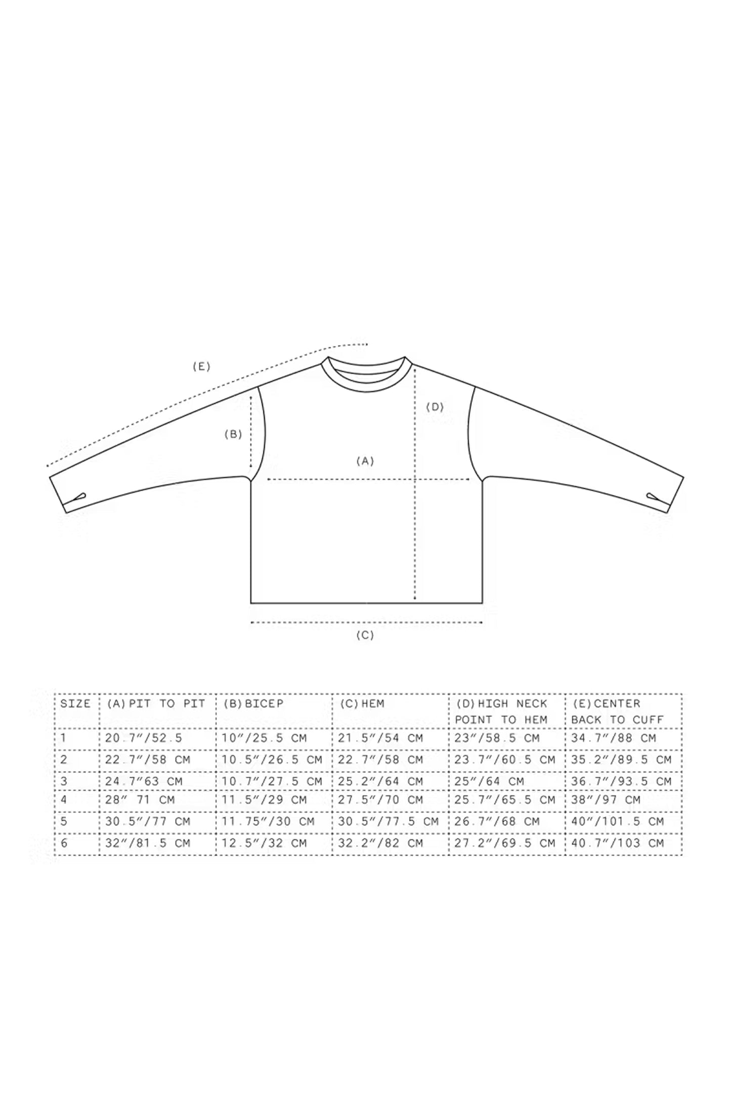 Size chart for the Shag Sweater v2.0 - English Manor, showing dimensions for various sizes.