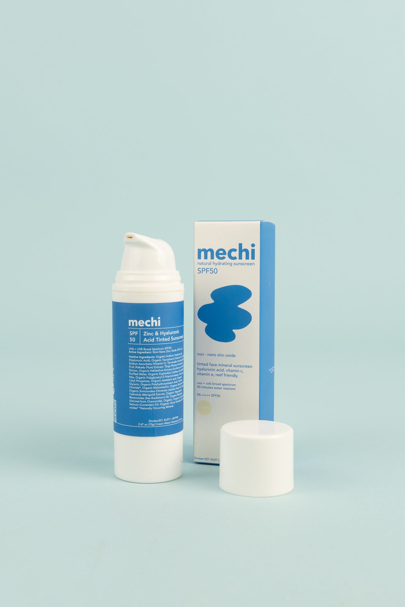 Zinc & Hyaluronic Sunscreen - Slightly Tinted 70 grams in a blue package with pump and cap.