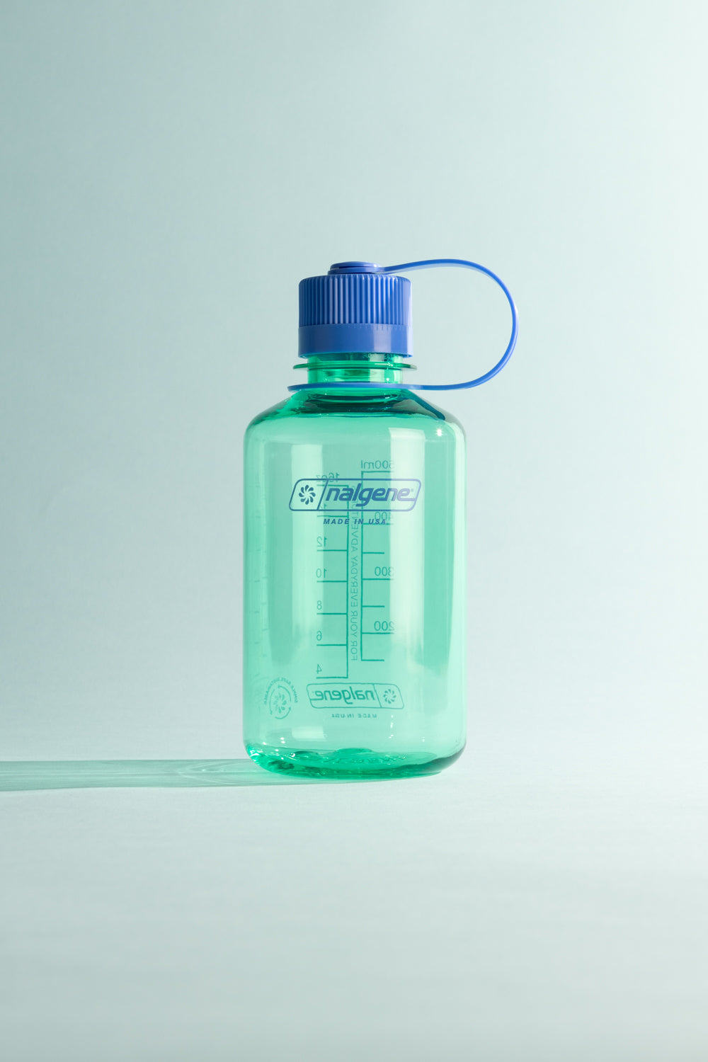 Nalgene Sustain N/M 500ml - Pastel Green bottle with blue cap against a light background