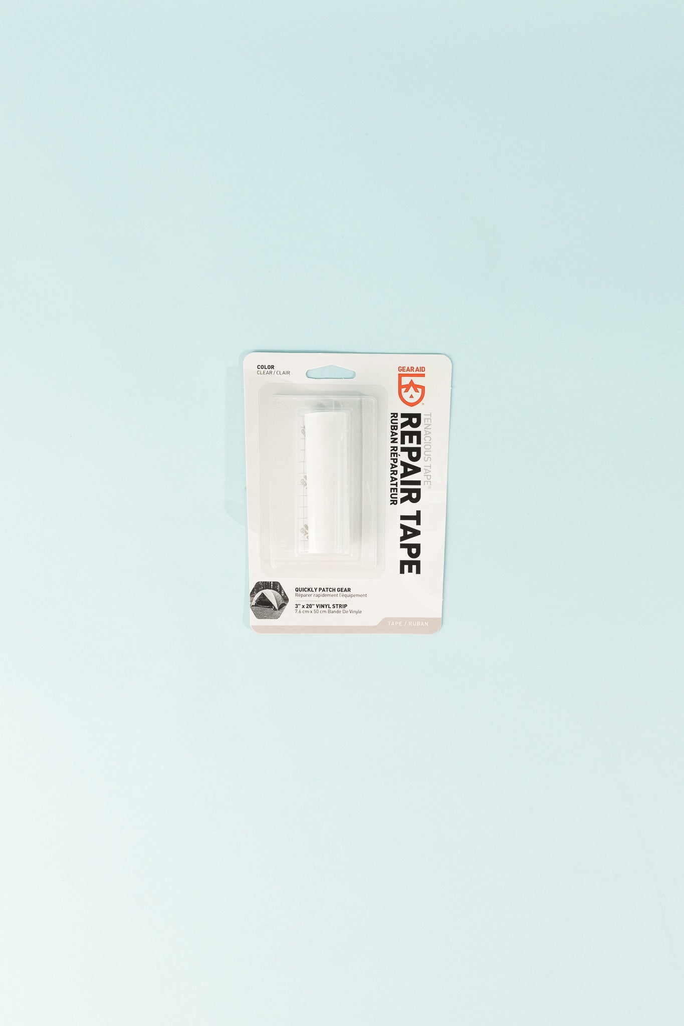 Tenacious Tape Repair Roll packaging on a light blue background, showcasing clear vinyl repair tape for outdoor gear.