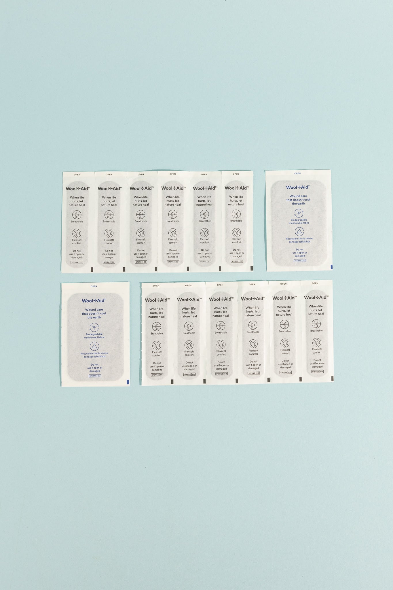Merino Wool Adhesive Bandages in packaging, natural and biodegradable for first aid.