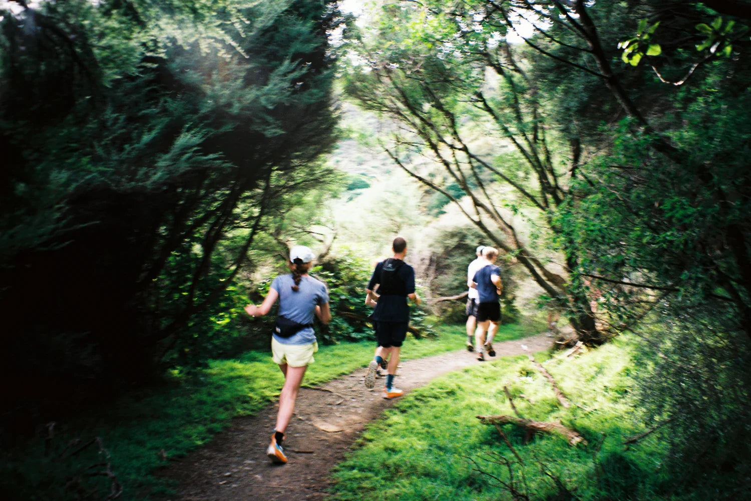 Group of runners enjoying outdoor exercise on a trail with greenery, ideal Eats to keep you on your feets.