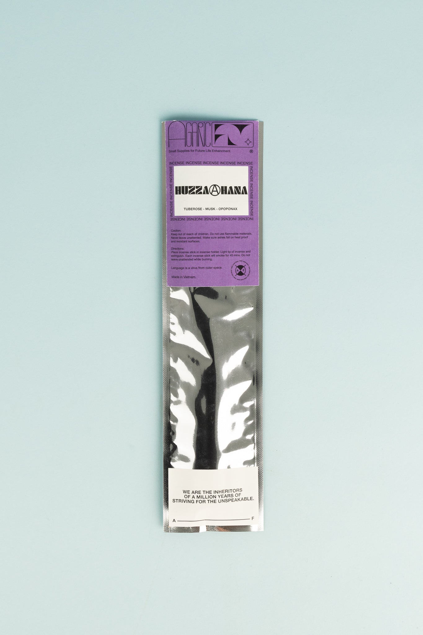 Hazza Hana Incense packaged product featuring tuberose, musk, and opoponax aromas from Agaric Fly in Melbourne.