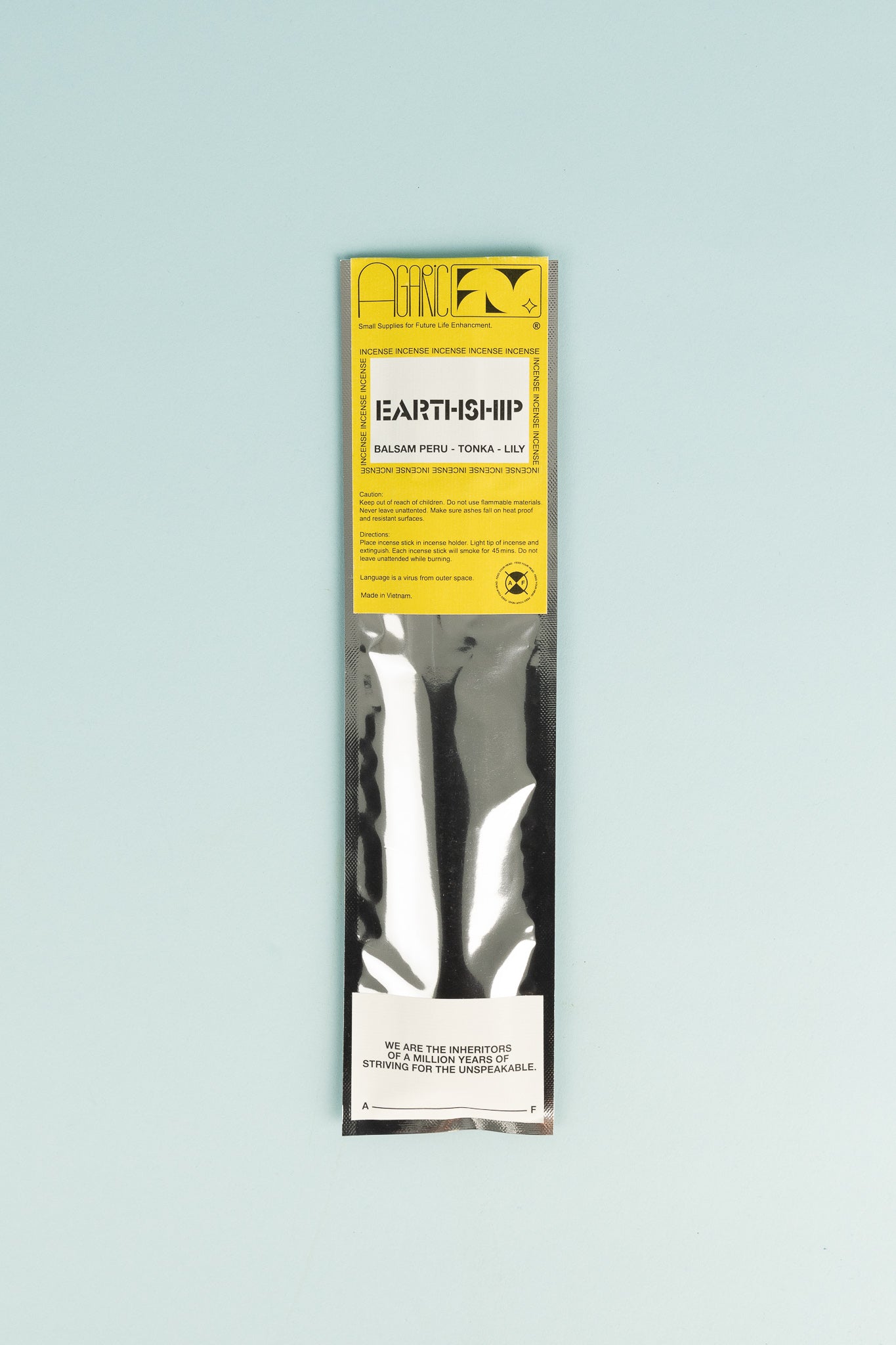 Earthship Incense packaging featuring Balsam Peru, Tonka, and Lily fragrances by Agaric Fly.