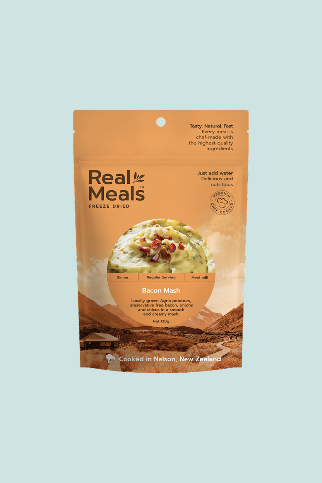 Real Meals Bacon Mash package featuring creamy potato mash with bacon, onions, and chives, ready to rehydrate and enjoy.