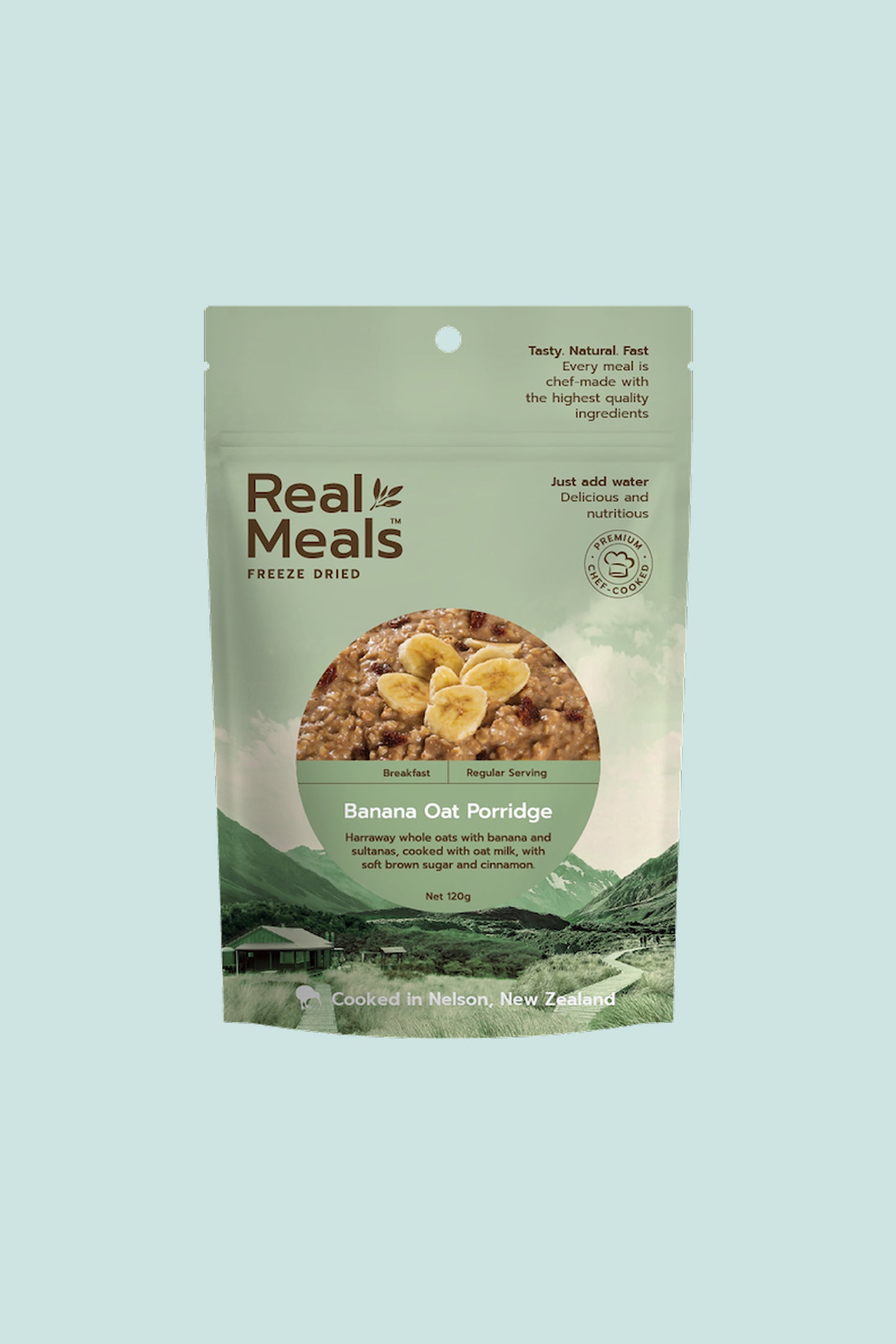 Banana Oat Porridge packaging featuring freeze-dried oats with banana, suitable for breakfast or dessert.