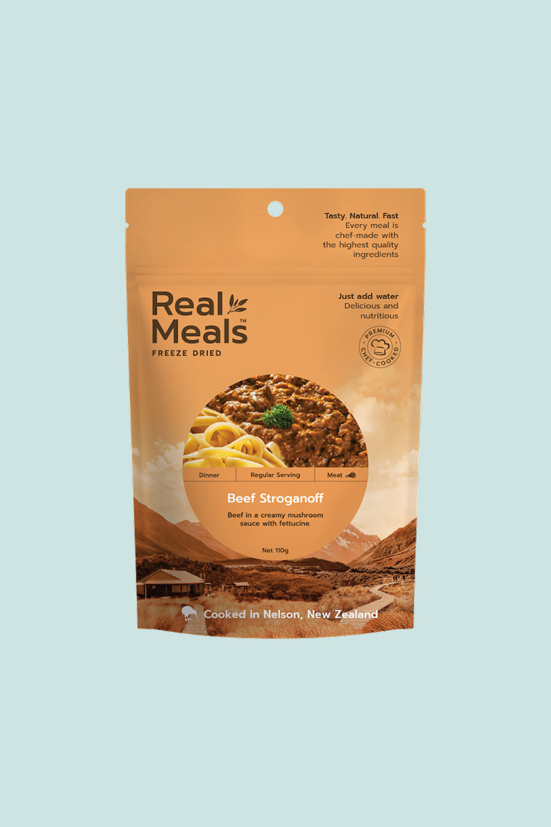 Real Meals Beef Stroganoff package featuring beef in creamy sauce with fettuccine.