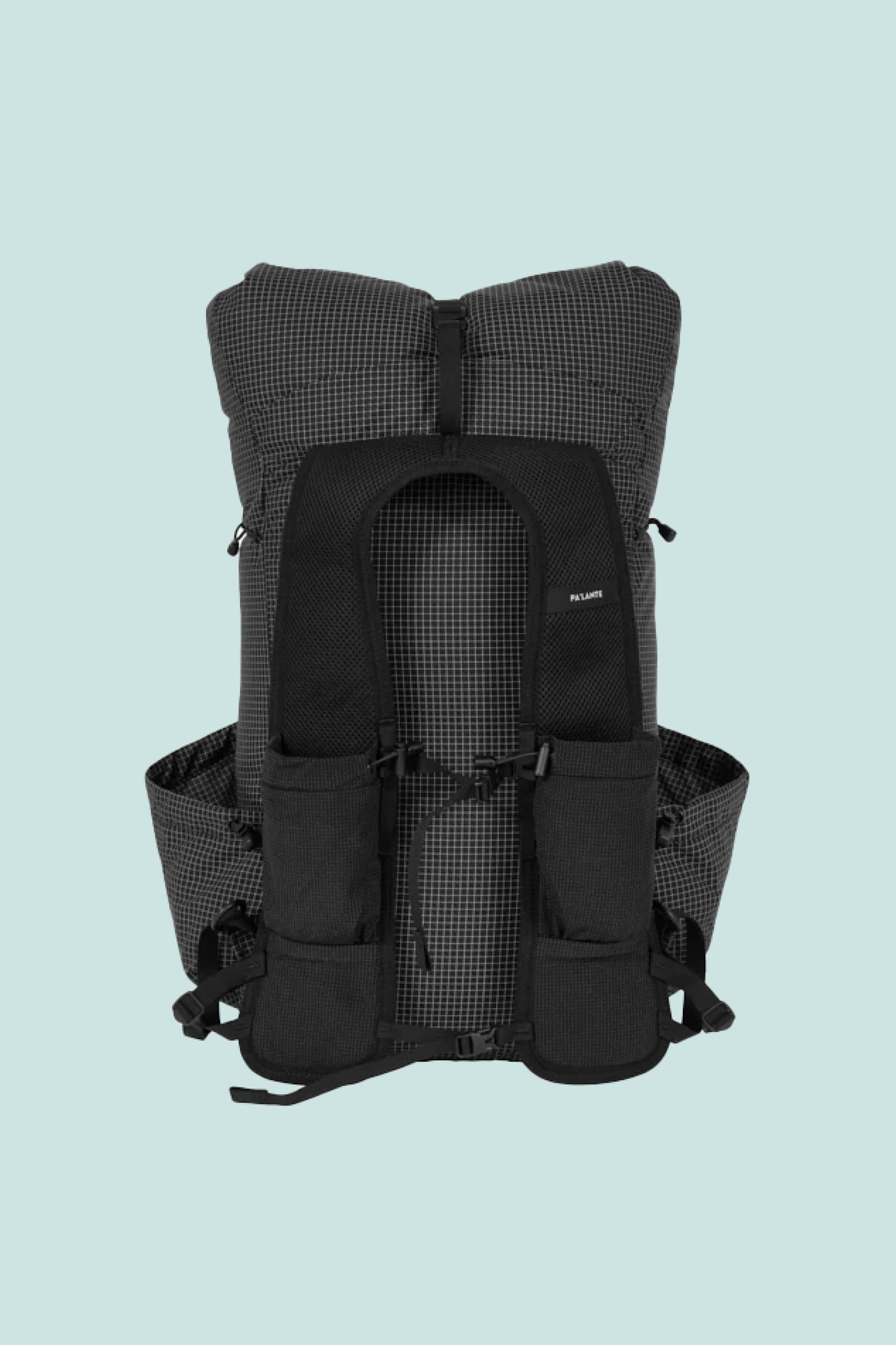 Pa'lante V2 with Joey Straps - Black Gridstop/Black Mesh backpack front view showcasing vest style straps.