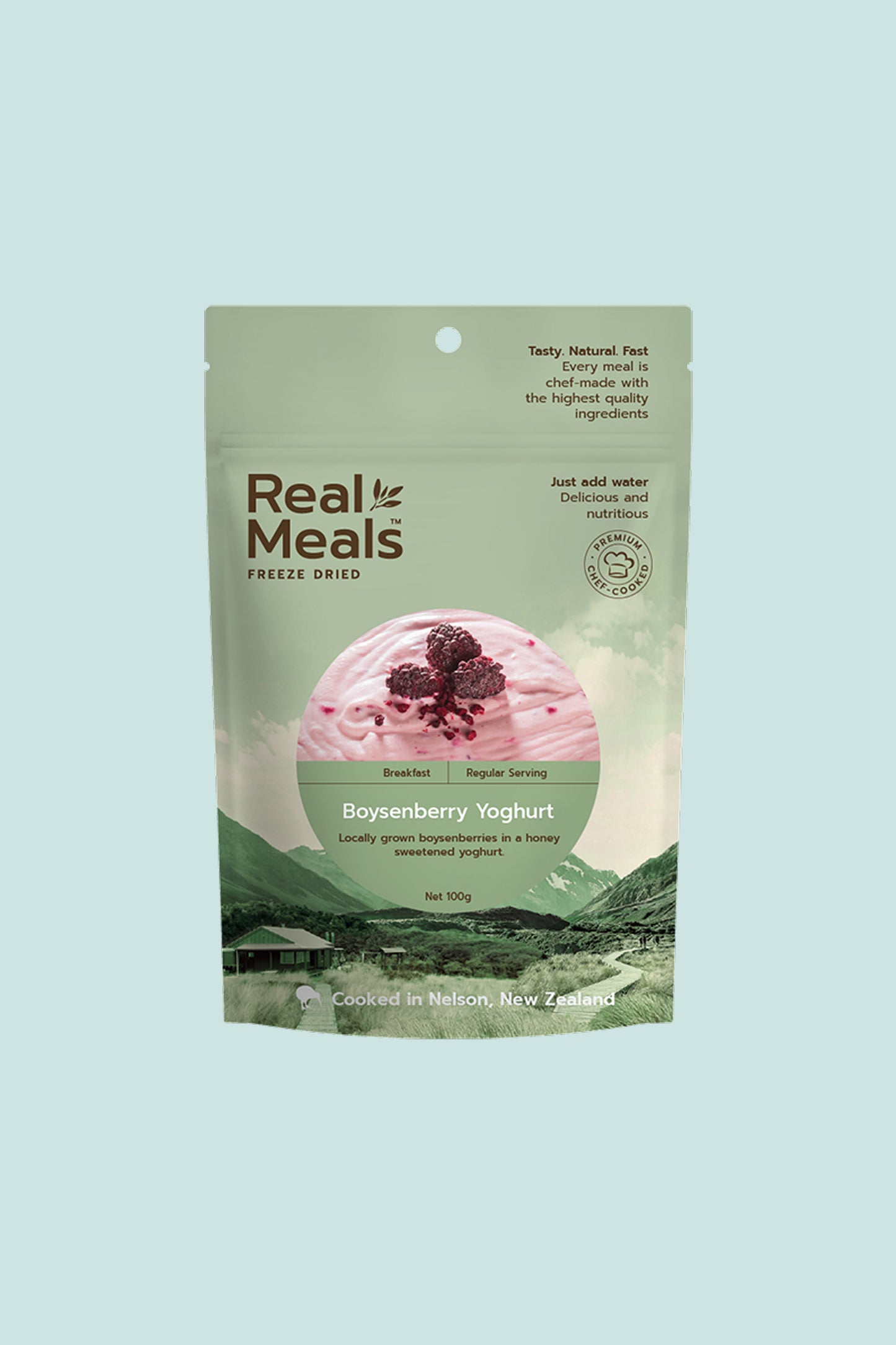 Boysenberry Yoghurt by Real Meals, freeze dried yoghurt with boysenberries, honey and probiotic cultures.