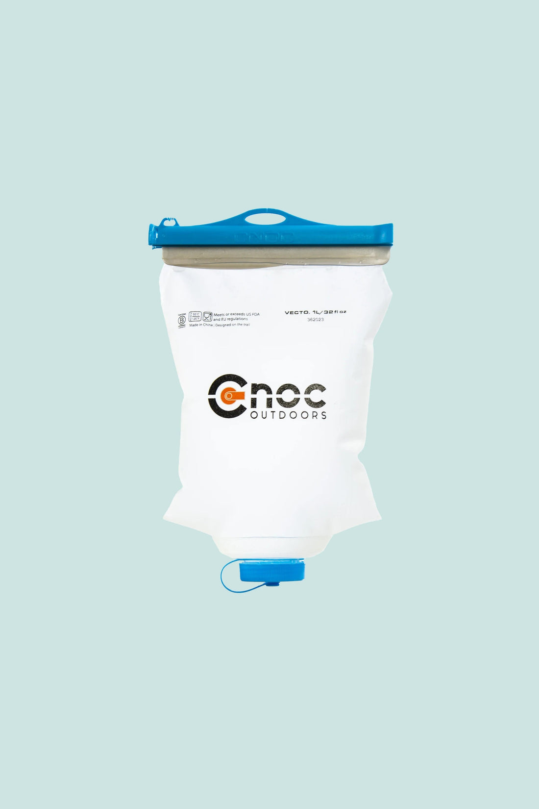 CNOC Vecto 1L Water Bladder 42mm Thread with blue cap and clear body for easy filling and carrying.