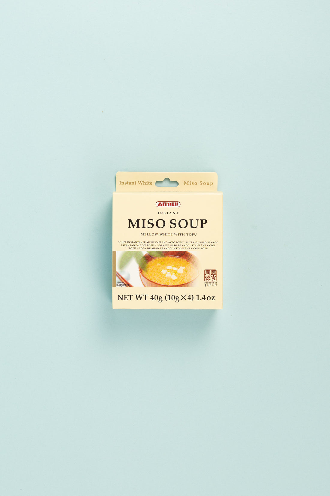 Mitoku Instant Miso Soup - Mellow White With Tofu packaging on a blue background