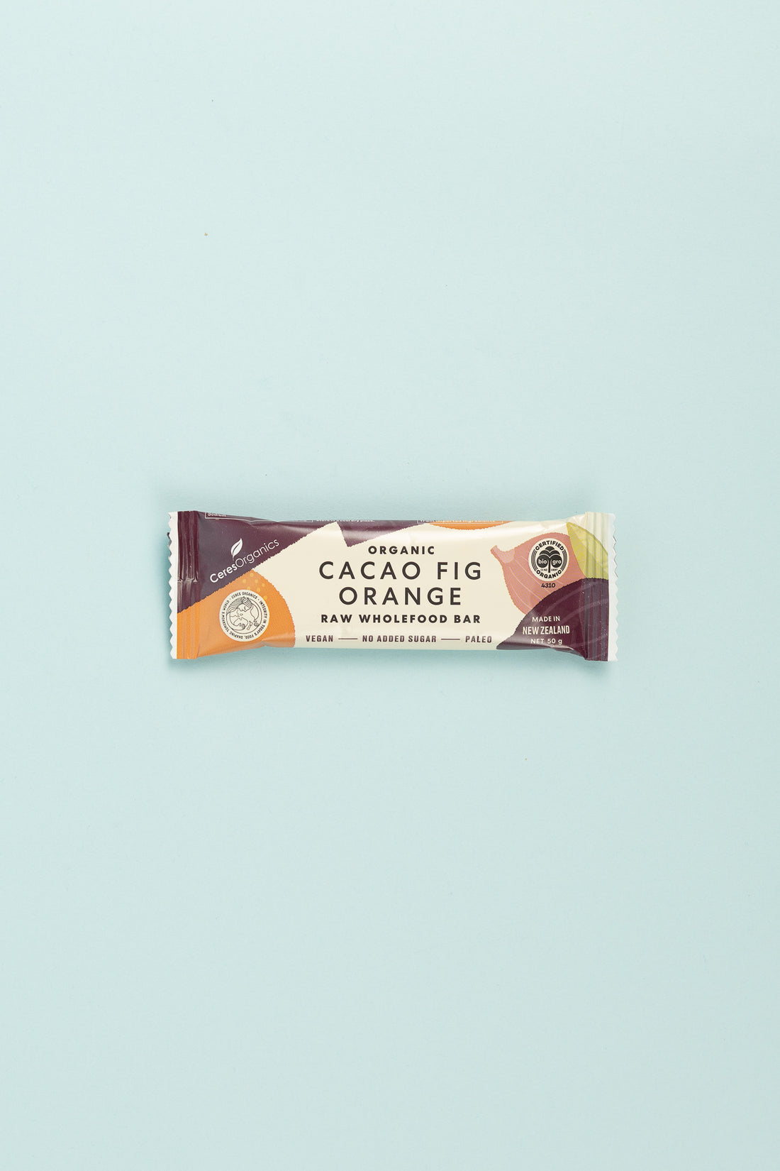 Ceres Organics Raw Wholefood Bar - Cacao Fig Orange packaging with organic ingredients.