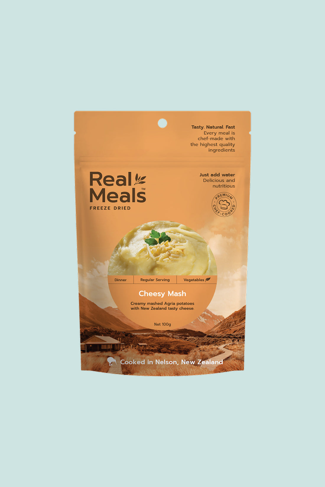 Packaging of Cheesy Mash, featuring creamy mashed Agria potatoes and New Zealand cheese, freeze-dried meal.