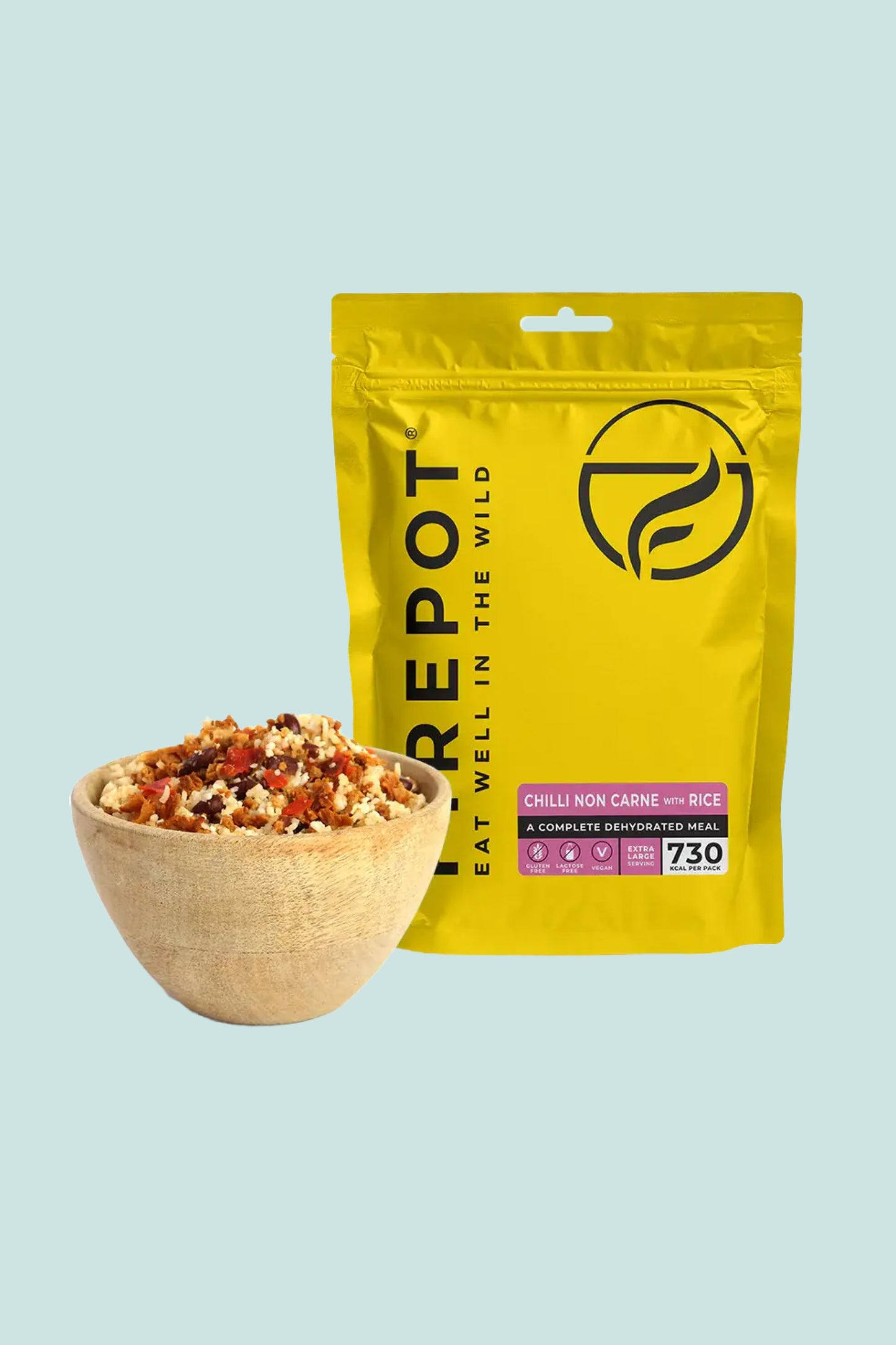 Firepot Chilli Non Carne with Rice - Extra Large Serving in a bowl beside packaging.