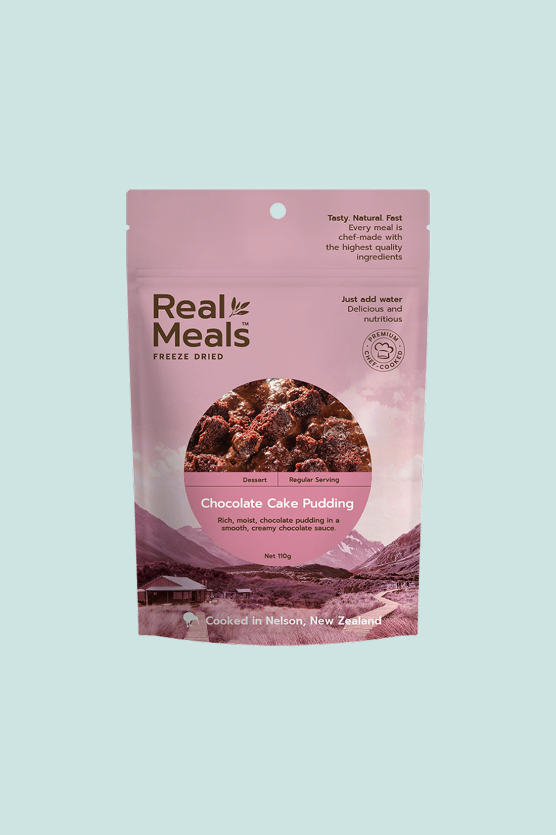 Real Meals Chocolate Cake Pudding package featuring rich, moist chocolate pudding, freeze-dried for easy preparation.
