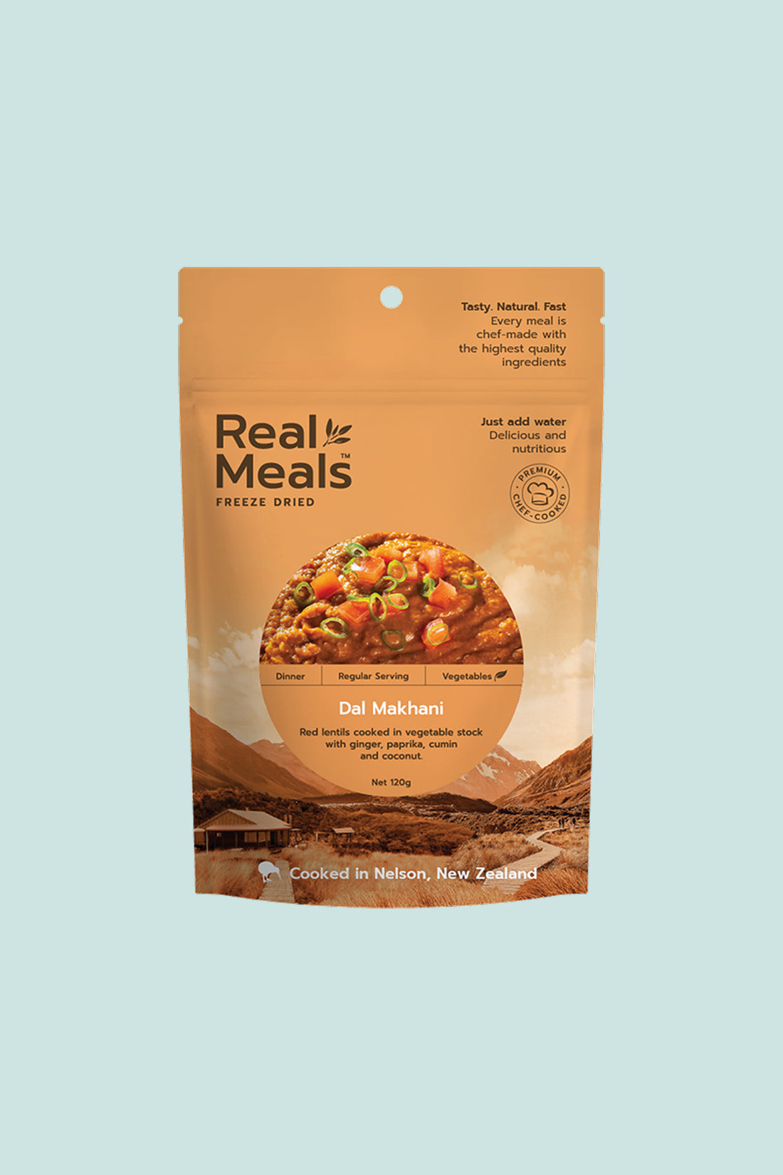 Dal Makhani freeze-dried meal packaging featuring vibrant ingredients and cooking instructions.