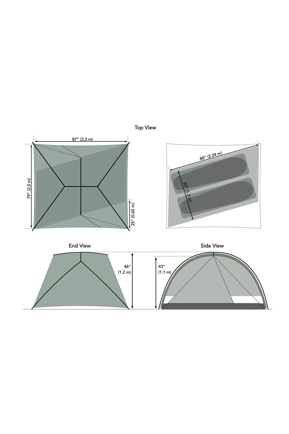 Pre Order - Durston X-Dome 2 tent dimensions including top, end, side views and sleep area layout.