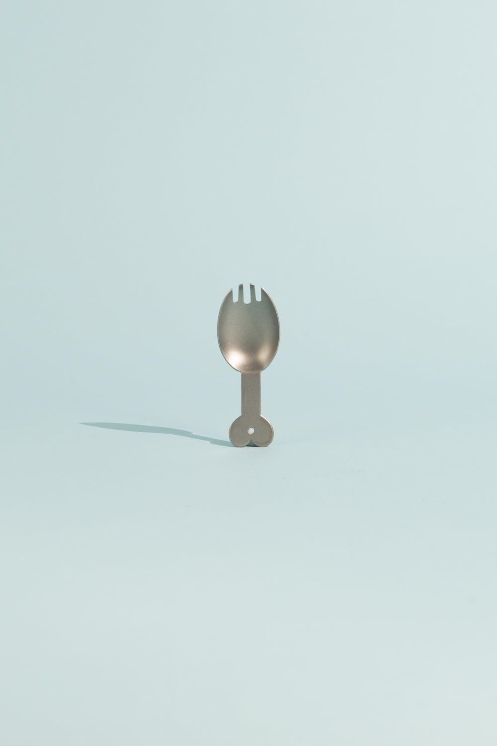 Evernew Tim² Spork - lightweight titanium camp cutlery with a heart-shaped grip for easy use.