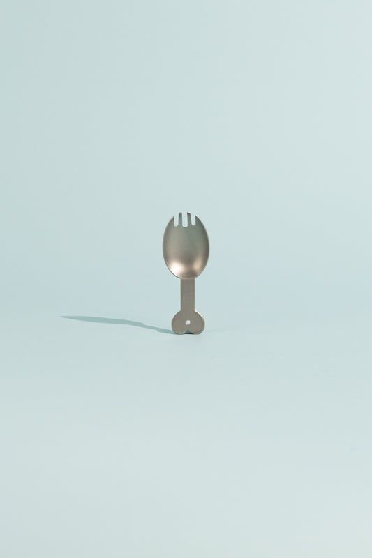 Evernew Tim² Titanium Spork featuring a heart-shaped grip for easy use, perfect for camping and outdoor dining.