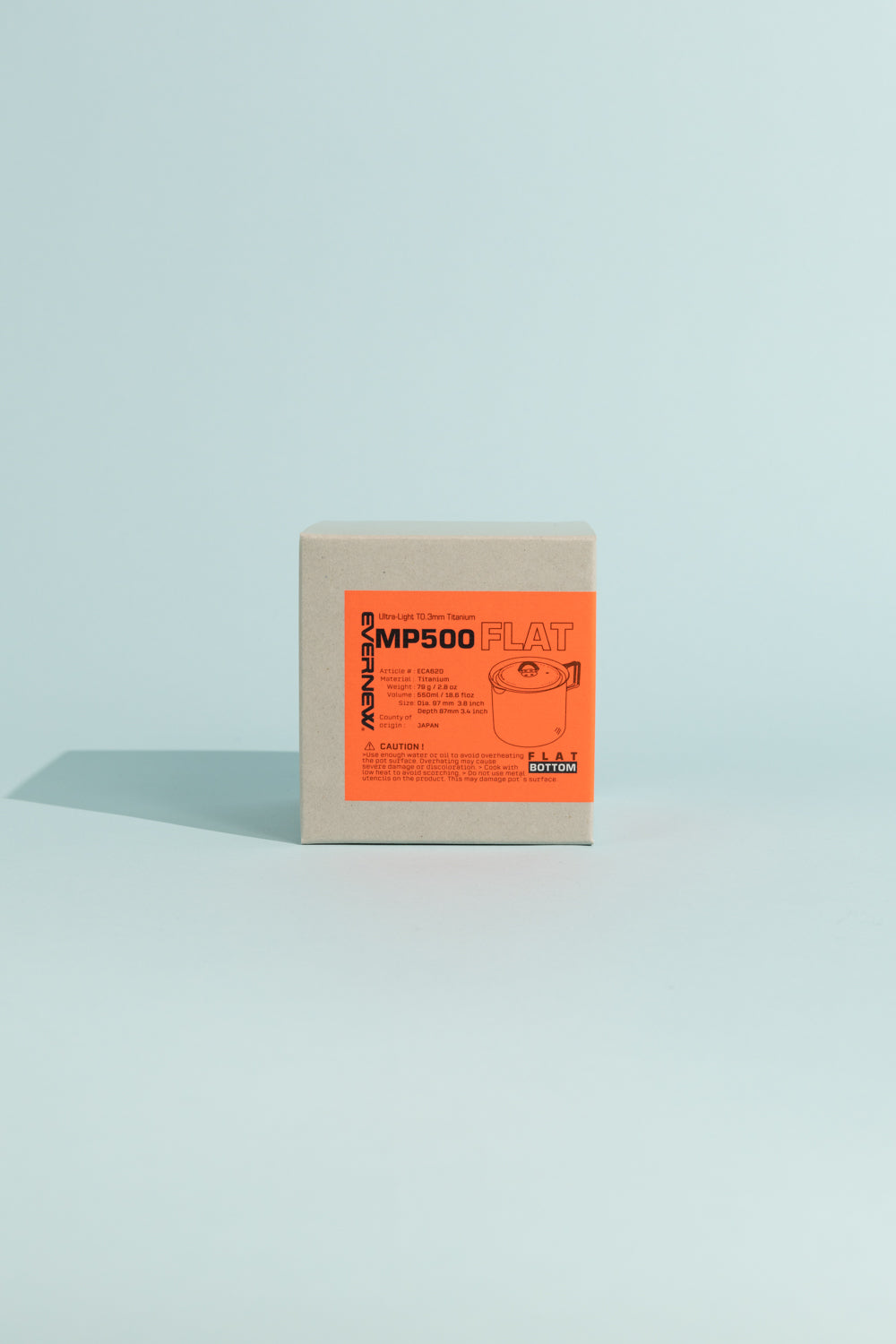 Evernew MP500 Flat Titanium Pot/Teapot packaging box showcasing product features and details.