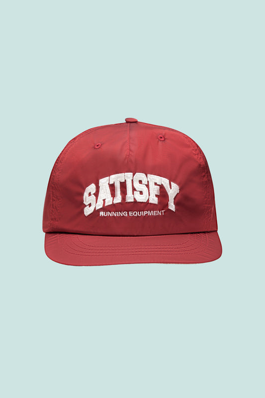 Satisfy FliteSilk™ 5 Panel Pinch Cap in burgundy, featuring 'Satisfy Running Equipment' logo on the front.