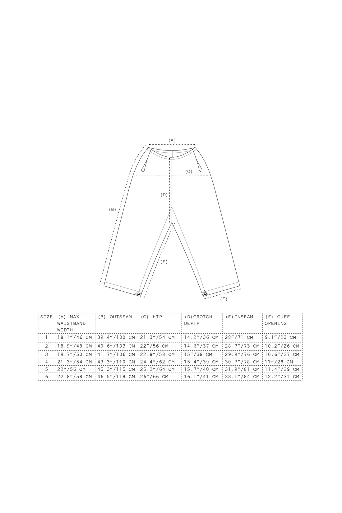 Technical drawing of Breaker Wind Pant design specifications and sizing chart.