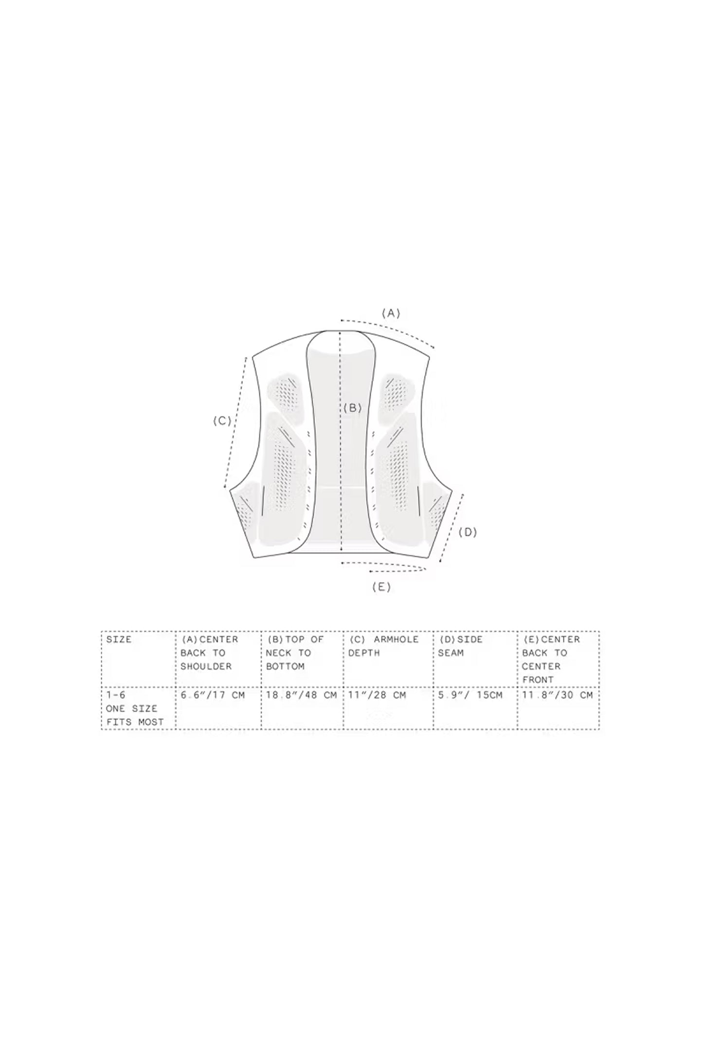 Warp Kit Vest technical design diagram with dimensions and measurements.