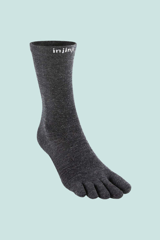 Injinji Wool Liner Toe Socks in slate color, designed for hiking with individual toe compartments and moisture-wicking properties.