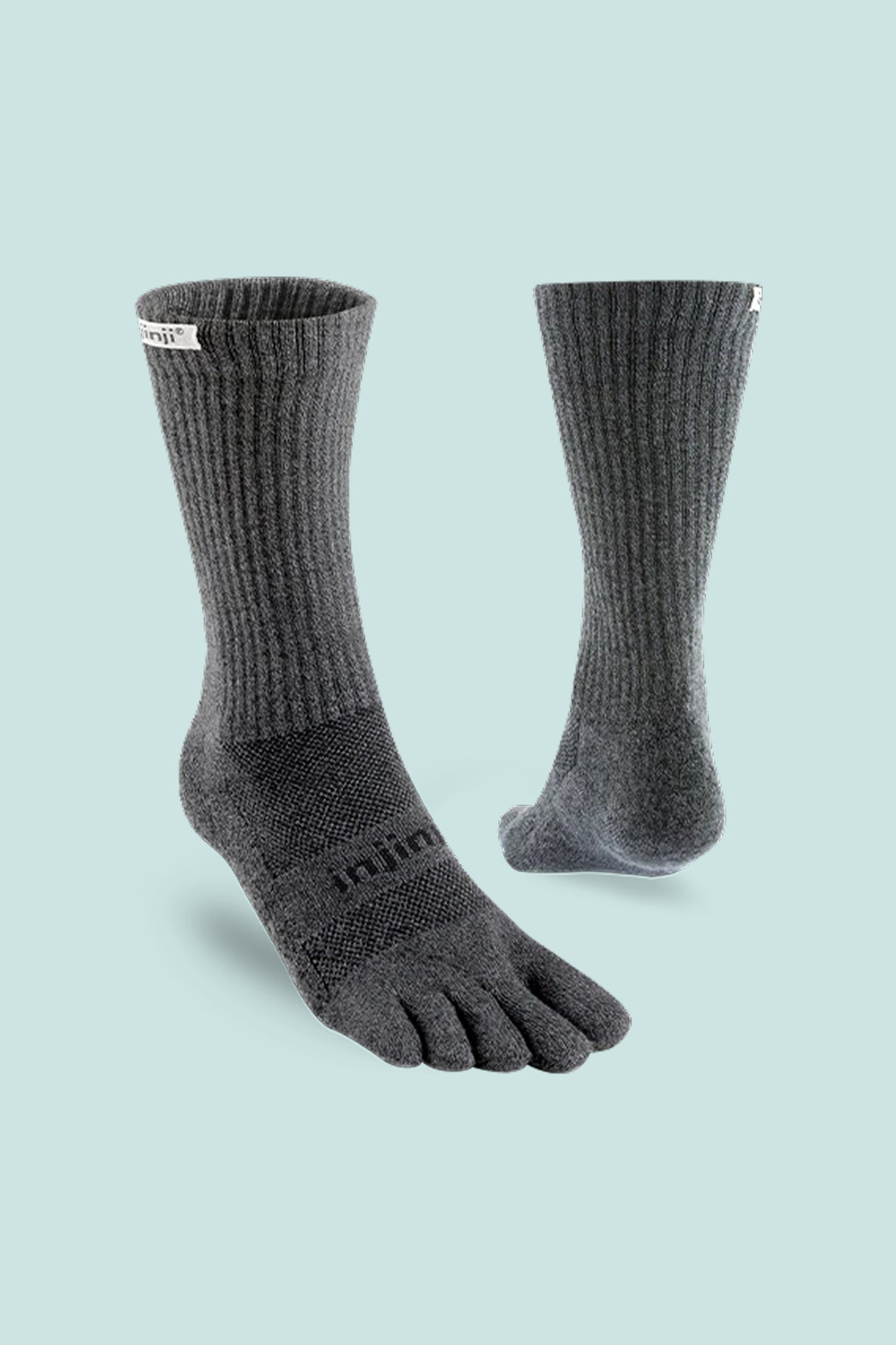 Injinji Coolmax Trail Toe Socks in Granite color, designed for hiking and trail running with cushioned toes and breathable mesh.