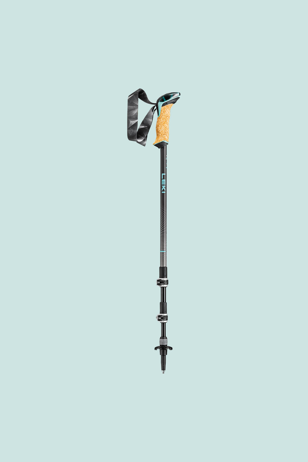Leki Cressida AS Poles with cork grip and adjustable telescopic design on a light background.