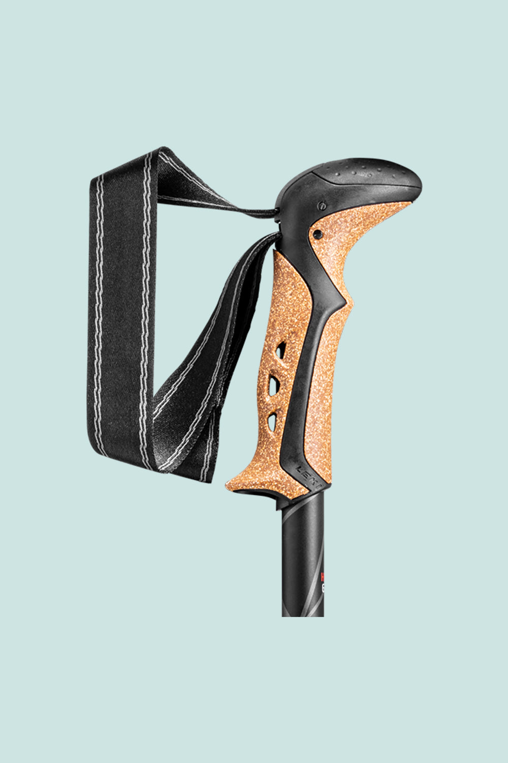 Close-up of the Leki Khumbu trekking pole handle with ergonomic grip and adjustable strap for comfort.