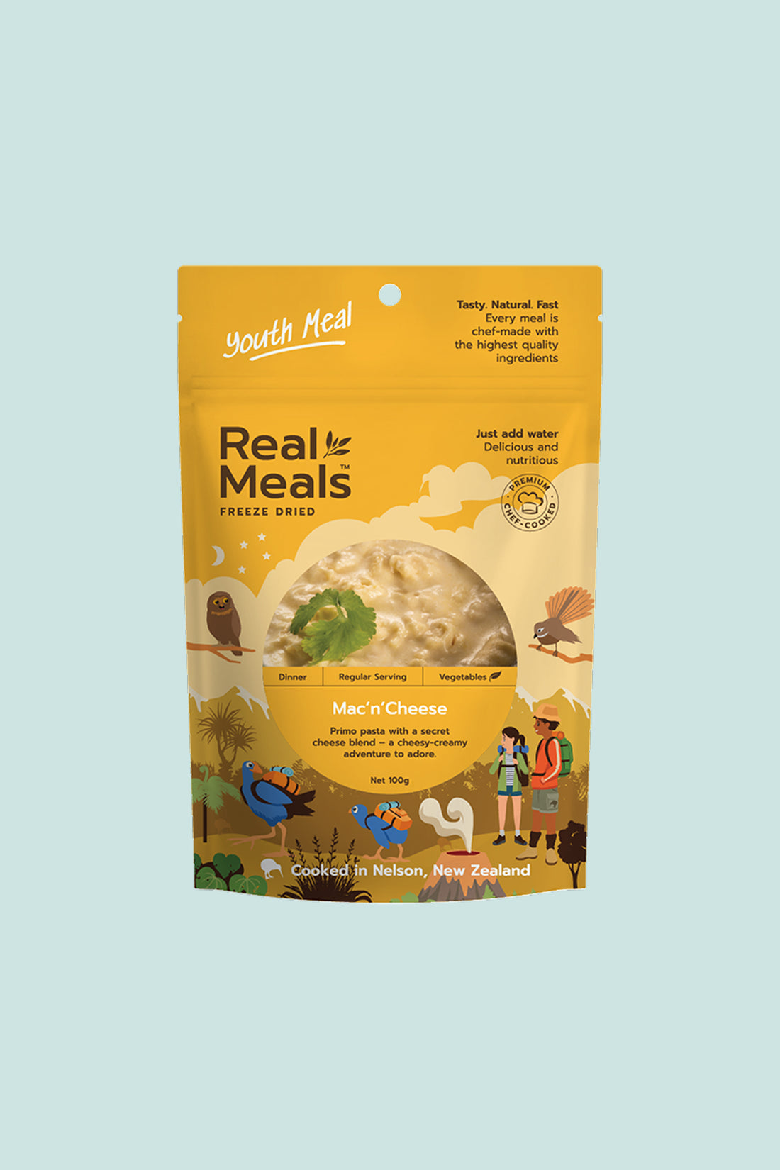 Mac 'n' Cheese freeze-dried meal package featuring a creamy cheesy blend and cooking instructions.