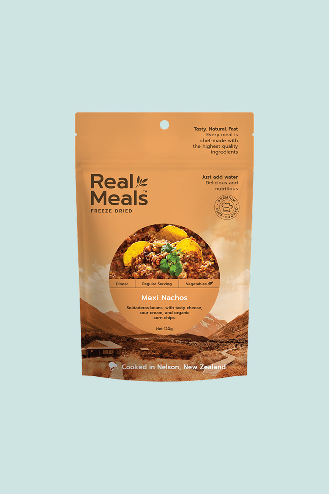 Mexi Nachos freeze-dried product packed with Soldaderas beans and cheese, ready to be rehydrated for a delicious meal.