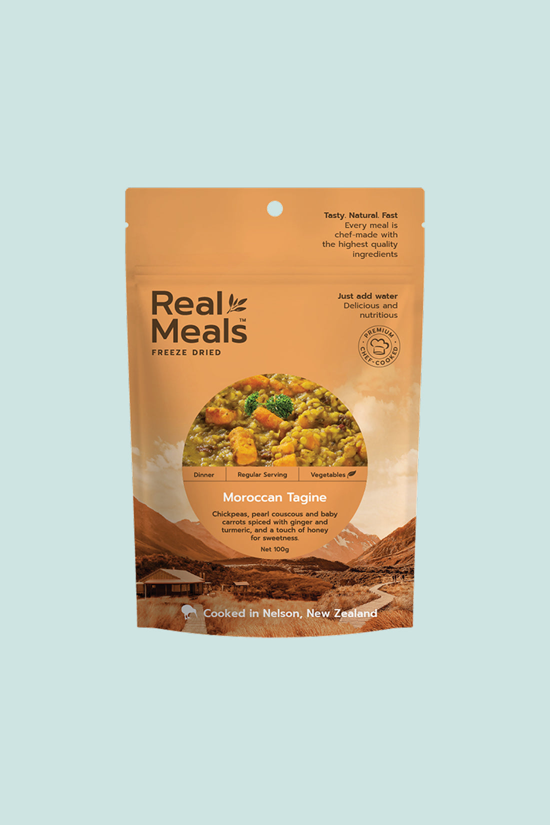Real Meals Moroccan Tagine freeze-dried meal package featuring chickpeas and couscous, spiced for flavor.