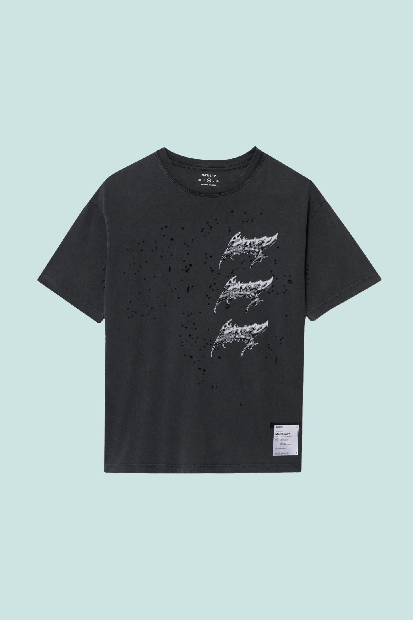 Satisfy MothTech™ T-Shirt in aged black, featuring body-mapped ventilation holes for cooling and comfort.