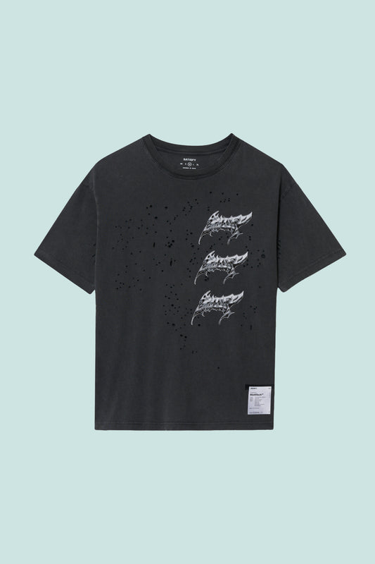 Satisfy MothTech™ T-Shirt in aged black, featuring body-mapped ventilation holes for cooling and comfort.