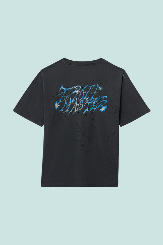 Satisfy MothTech™ T-Shirt in aged black, featuring unique body-mapped ventilation holes and stylish graphic design.