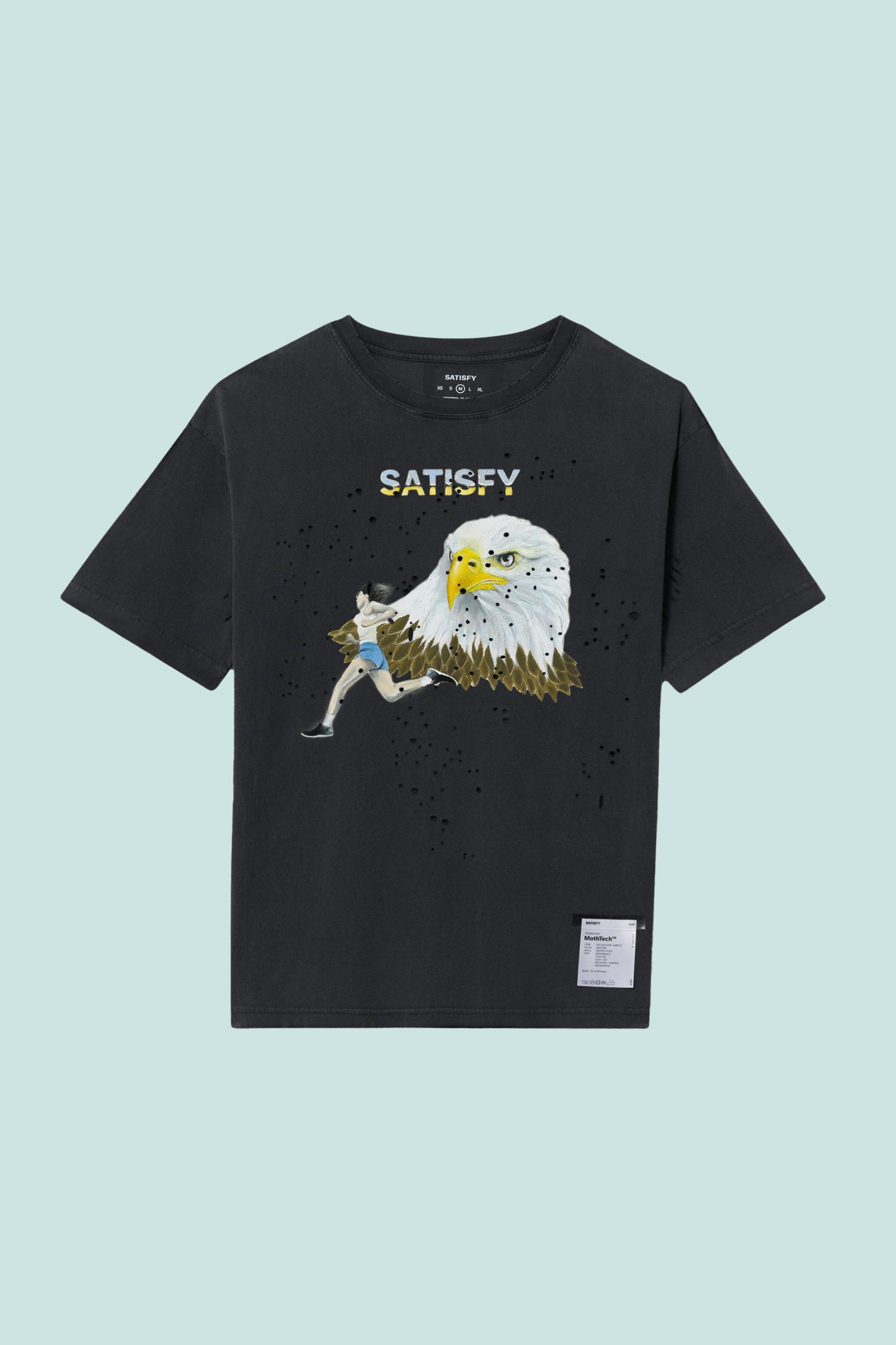 Satisfy MothTech™ T-Shirt in Aged Black with eagle graphic and ventilation holes for running comfort.