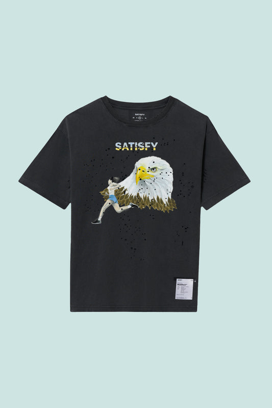 Satisfy MothTech™ T-Shirt in Aged Black with eagle graphic and ventilation holes for running comfort.