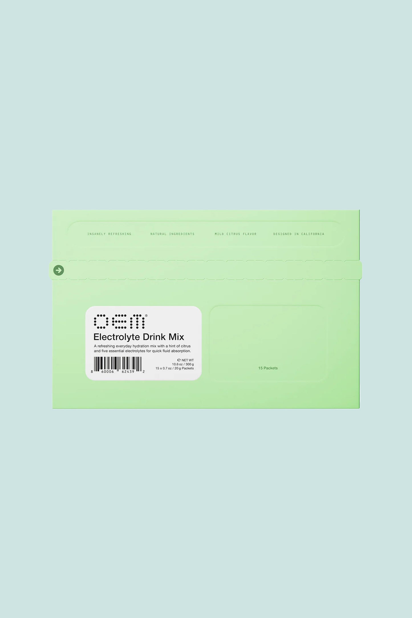 OEM Electrolyte Drink Mix packaging in light green with label details and product information.