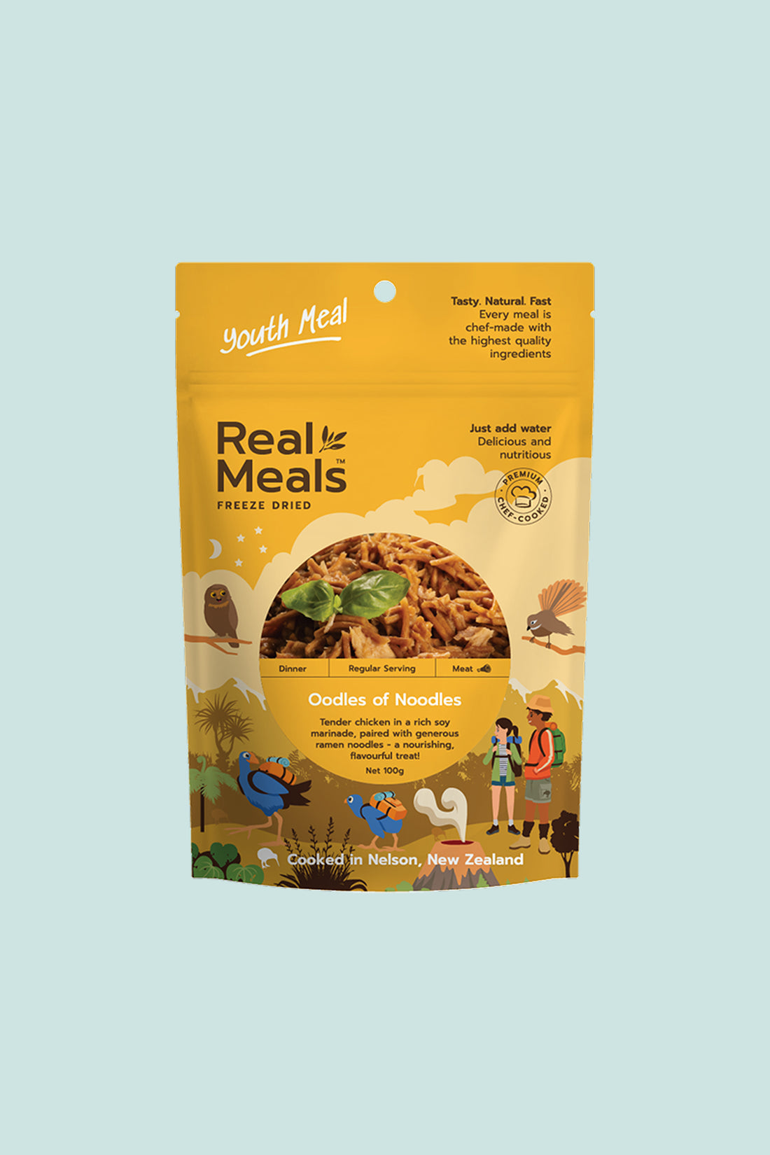 Oodles of Noodles freeze-dried youth meal packaging with nutritious ingredients and cooking instructions.