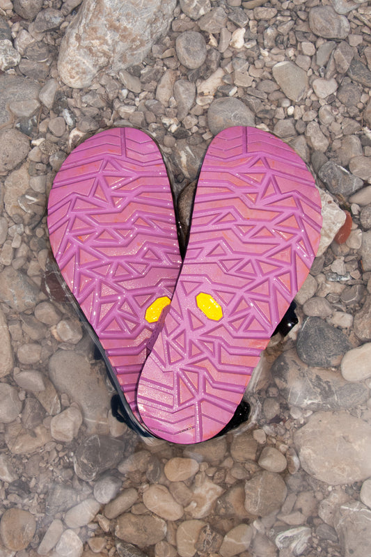 Pa'lante x Bedrock Sandals Cairn Evo 3D PRO Sandals soles showing Vibram Megagrip rubber and unique tread design