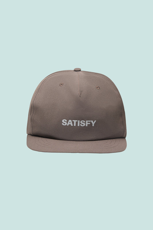 Satisfy PeaceShell™ 5 Panel Pinch Cap in brown, lightweight, water repellent, UV resistant running cap.