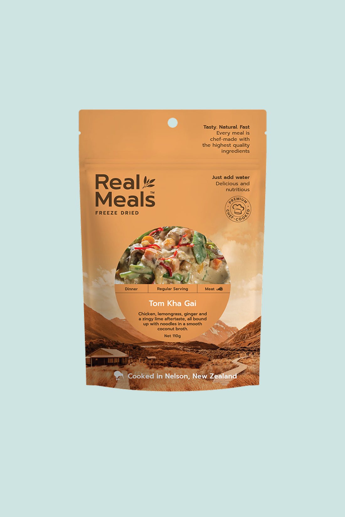 Tom Kha Gai freeze-dried meal package featuring chicken and vegetables in coconut broth, 110 grams.