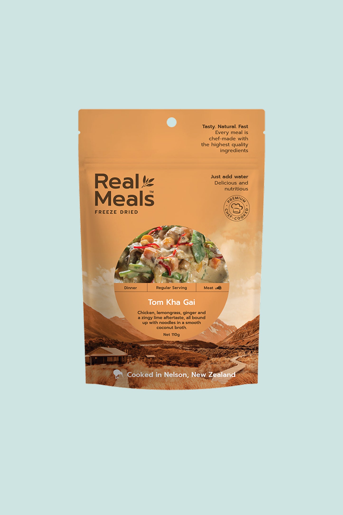 Tom Kha Gai freeze-dried meal package featuring chicken and vegetables in coconut broth, 110 grams.