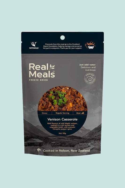 Real Meals Venison Casserole package featuring bold flavors of wild Wapiti venison in rich broth.